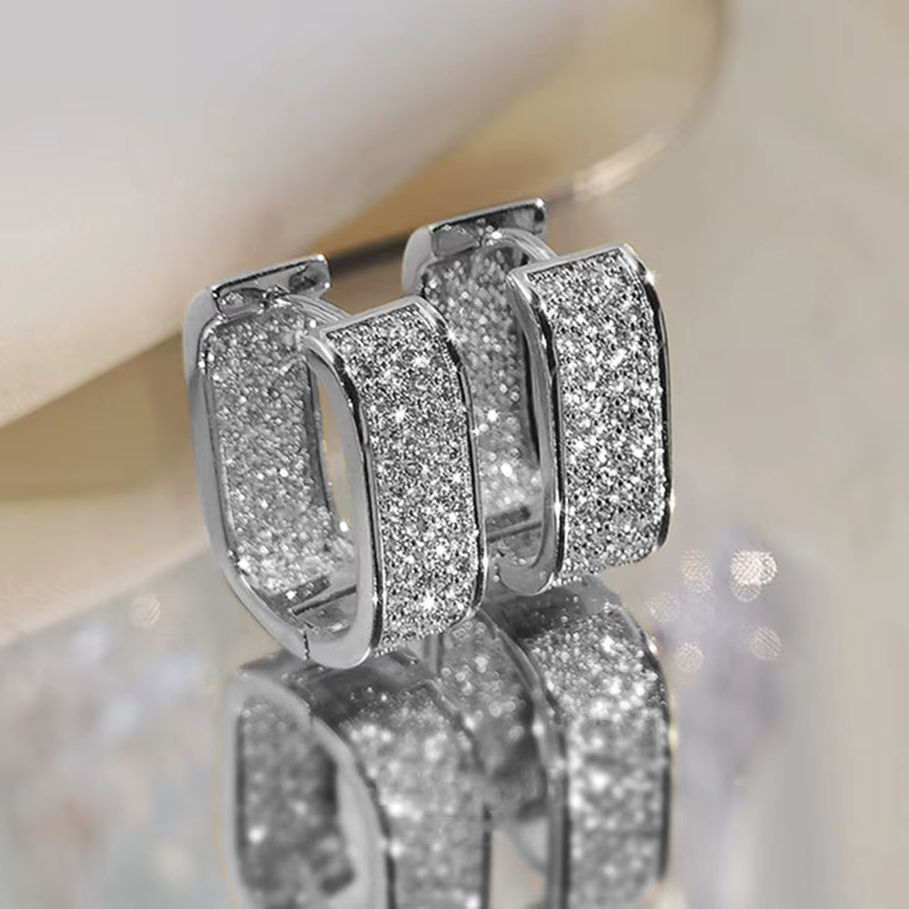 Luxury Full of Zircon Shiny Geometric Square Hoop Earrings for Women Temperament Gold Color Stainless Steel Korea Jewelry Gift